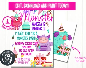 May include: A pink and purple monster birthday party invitation with a blue and green monster holding a gift box. The invitation says "Our Little Monster Vanessa is turning 3!" and includes the date, time, and location of the party.