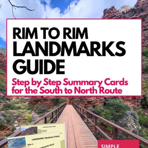 Könnte beinhalten: Ein Leitfaden zu den Sehenswürdigkeiten auf dem South to North Rim to Rim Trail im Grand Canyon National Park. Der Leitfaden enthält eine Karte, Höhenänderungen und andere hilfreiche Informationen für Wanderer. Der Leitfaden ist auf einem hellgelben Hintergrund mit braunem Rand gedruckt.