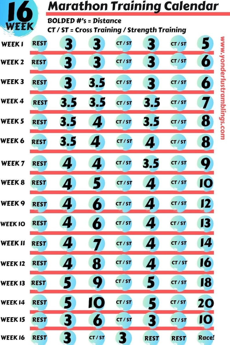 16 Week Marathon Training Calendar - Etsy