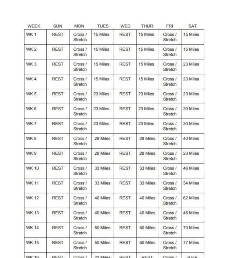 16 Week Century Ride Training Calendar Printable Etsy