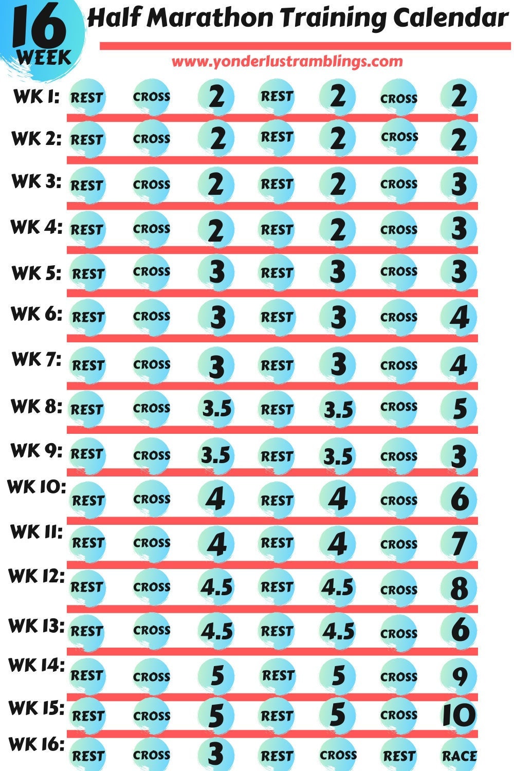 16 Week Half Marathon Training Calendar Printable Etsy
