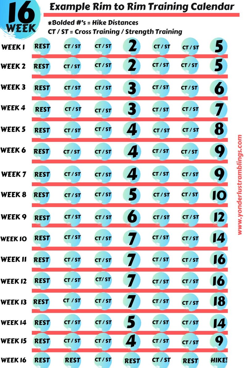 Calendar Rimm 16 Week Rim to Rim Training Calendar PDF - Etsy