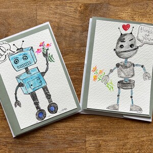 Robot Just Because Cards - set of 2 - watercolor robots, blank inside