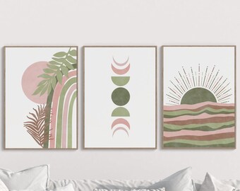 Blush Pink and Sage Green Boho Wall Art Set, 3 Piece Wall Art, Sun Moon ...