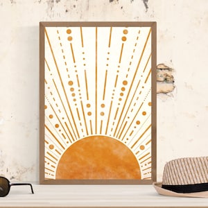 Boho Sun Wall Art, Minimalist Sunshine Wall Decor, Mid Century Modern Sunrise, Sunburst Poster, Orange Sun Print