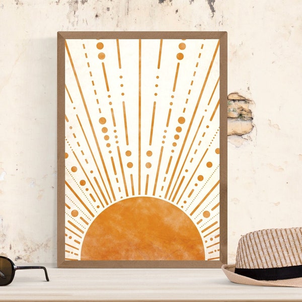 Boho Sun Wall Art, Minimalist Sunshine Wall Decor, Mid Century Modern Sunrise, Sunburst Poster, Orange Sun Print