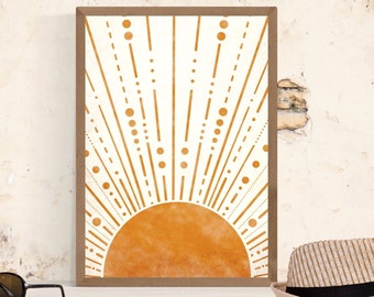 Boho Sun Wall Art, Minimalist Sunshine Wall Decor, Mid Century Modern Sunrise, Sunburst Poster, Orange Sun Print