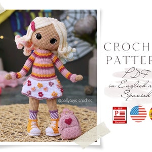 Crochet PATTERN doll in pink Amigurumi doll Crochet doll Crochet pattern Amigurumi doll pattern cute Doll pattern in pdf in English Spanish