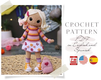 Crochet PATTERN doll in pink Amigurumi doll Crochet doll Crochet pattern Amigurumi doll pattern cute Doll pattern in pdf in English Spanish