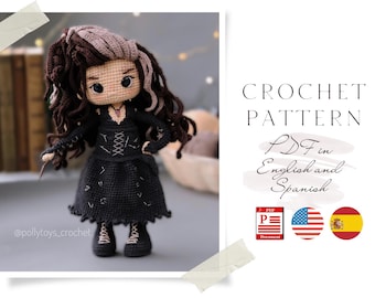May include: A handmade crochet doll with dark hair and a black dress. The doll has a stern expression and is holding a small wand. The image includes text that says "CROCHET PATTERN PDF in English and Spanish."