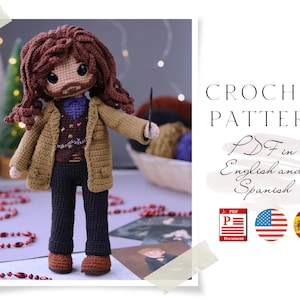 May include: A crocheted doll of a character with brown hair, a beard, and glasses, wearing a tan jacket, a blue shirt, and black trousers. The doll is holding a wand. The image includes the text "CROCHET PATTERN PDF in English and Spanish".