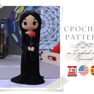 Crochet PATTERN doll in Black dress Amigurumi doll Crochet doll Crochet pattern Amigurumi doll pattern cute Doll pattern in English Spanish