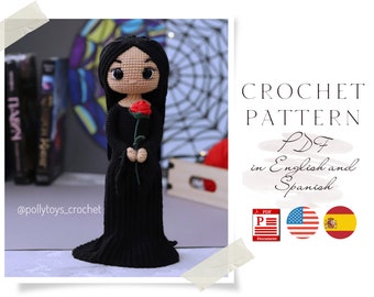 Crochet PATTERN doll in Black dress Amigurumi doll Crochet doll Crochet pattern Amigurumi doll pattern cute Doll pattern in English Spanish