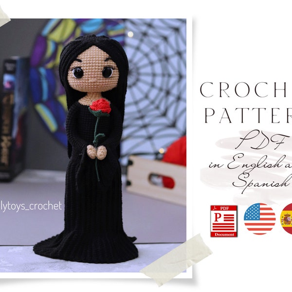 Crochet modèle poupée en robe noire Amigurumi poupée Crochet poupée Crochet modèle Amigurumi poupée modèle mignon modèle de poupée en anglais espagnol