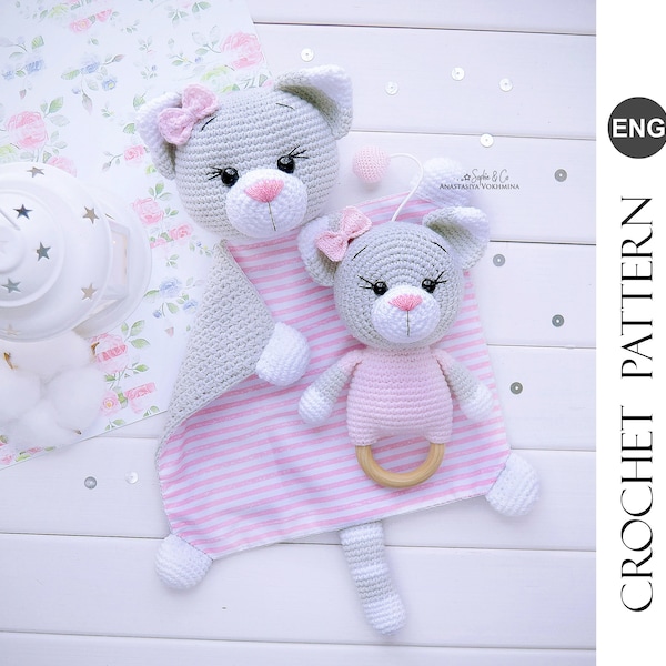 CROCHET PATTERN Cat-Comforter and Teething Toy | Baby lovey toy | Baby Rattle