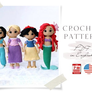 Crochet SET 4 dolls ENGLISH PATTERNS Princesses Amigurumi doll Crochet doll Crochet princess pattern Amigurumi doll pattern