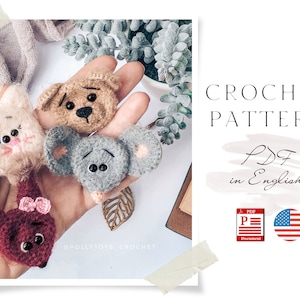 Crochet Animal Brooch Patterns: Cat, Mouse, Squirrel, Bear, Bunny (PDF Pattern)