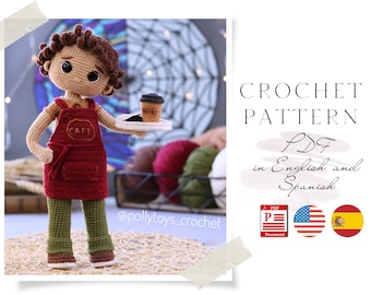 Crochet ENGLISH PATTERN doll barista boy Amigurumi doll Crochet doll Crochet pattern Amigurumi doll pattern Doll pattern in English Spanish