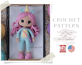 Crochet Unicorn Doll Pattern, Amigurumi Girl with Bag (PDF)