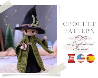かぎ針編みの魔女人形のパターン、編みぐるみの魔法使い（PDFパターン）