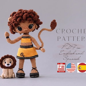 Puede incluir: Una muñeca de ganchillo con pelo rizado marrón oscuro, con un top y falda de rayas amarillas y negras con el símbolo del zodiaco Leo, acompañada de un pequeño león. Texto: CROCHET PATTERN PDF in English and Spanish con iconos de banderas.