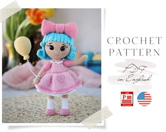 かぎ針編み人形のパターン：風船を持ったマルヴィナのあみぐるみ女の子（PDFパターン）
