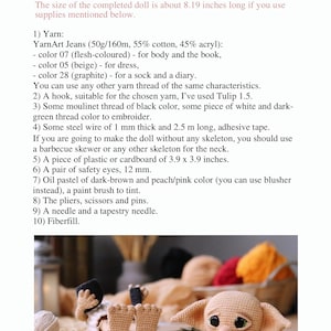 May include: A crocheted doll with large ears and safety eyes, lying on its back with its feet up. The doll is beige, with a basket of yarn in the background. The text "Supplies" is at the top of the image.
