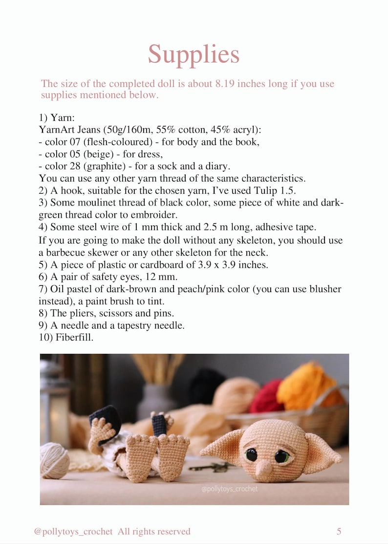 May include: A crocheted doll with large ears and safety eyes, lying on its back with its feet up. The doll is beige, with a basket of yarn in the background. The text "Supplies" is at the top of the image.