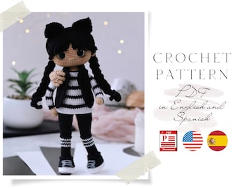 Crochet PATTERN doll in Black Amigurumi doll Crochet doll Crochet pattern Amigurumi doll pattern cute Doll pattern in pdf in English Spanish