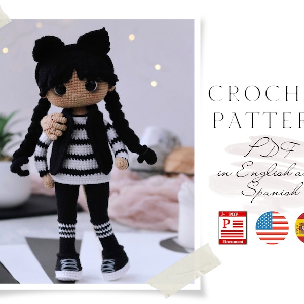 Crochet PATTERN doll in Black Amigurumi doll Crochet doll Crochet pattern Amigurumi doll pattern cute Doll pattern in pdf in English Spanish