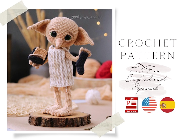 May include: A crocheted doll of a character with large ears, wearing a white tunic and holding a black sock. The doll is standing on a wooden base. The image includes the text "CROCHET PATTERN PDF in English and Spanish".