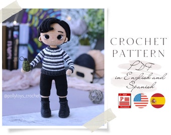 May include: Crochet pattern PDF in English and Spanish for a black and white striped amigurumi doll holding a green grenade. The pattern is available in both English and Spanish.
