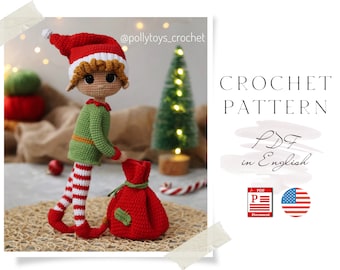 May include: Crochet pattern for a Christmas elf doll holding a red sack. The elf is wearing a green and white striped outfit with a red hat. The pattern is available in PDF format and is written in English.