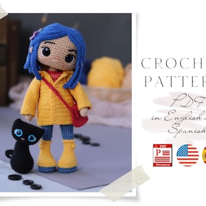 May include: Crochet pattern PDF in English and Spanish for a blue-haired doll wearing a yellow raincoat and holding a red bag. The doll is standing next to a black cat.