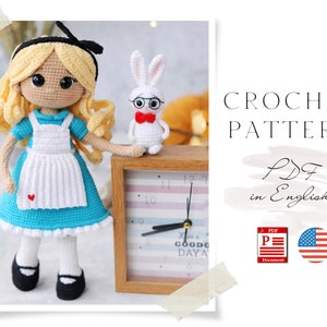 Crochet PATRÓN INGLÉS muñeca Alicia y Conejo Muñeca Amigurumi Muñeca crochet Patrón crochet muñeca Patrón Amigurumi lindo Patrón muñeca en pdf