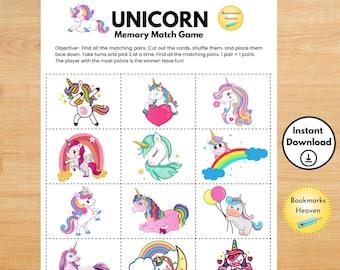 Unicorn Memory Game for Kids, Montessori Toddler Game, Matching Memory Game for Kids, Gameschooling, Unicorn Printable, Montessori Card game