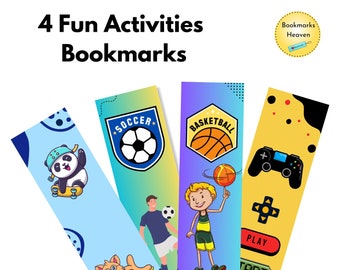 Op de afbeelding: Vier printbare bladwijzers met kleurrijke illustraties van een panda op een skateboard, een voetballer, een basketballer en een videogamecontroller. De bladwijzers zijn gelabeld met "Soccer", "Basketball" en "Play". De tekst "4 Fun Activities Bookmarks" en "Digital Download" is ook inbegrepen.