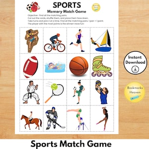 Jogo de correspondência esportiva, jogos para imprimir para crianças, cartões esportivos Montessori, atividade de verão para crianças, download digital de jogo esportivo, jogo de recorte