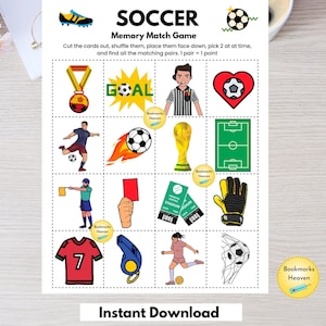 Juego de memoria de fútbol, juego de fiesta de la Copa del Mundo, juego de fútbol para cumpleaños, juegos divertidos de fútbol para cumpleaños, fútbol imprimible, juego de fútbol