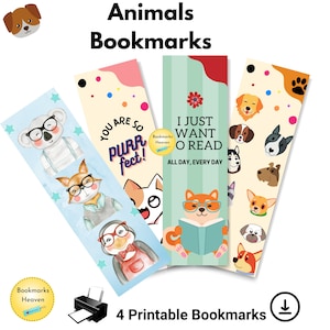 Animal bookmark set of 4 printable,Fun animal lover gift, Bookclub gift idea, Best Gifts for young women, Bookmarks for women