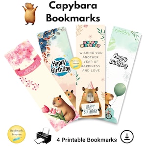 Birthday Capybara Bookmark Printable, Birthday Bookmarks, Capybara lover gifts, Book club gifts, Capybara Bookmark Digital Download PDF