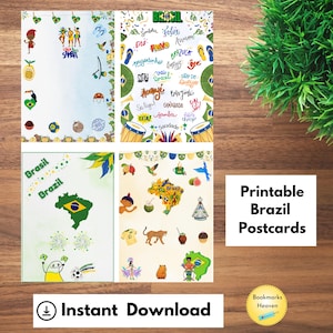 Cartões postais do Brasil, Folha de colagem para impressão do Brasil, Kit de scrapbook digital do Brasil, Páginas de diário de charme brasileiro, Ilustrações do Brasil em PDF
