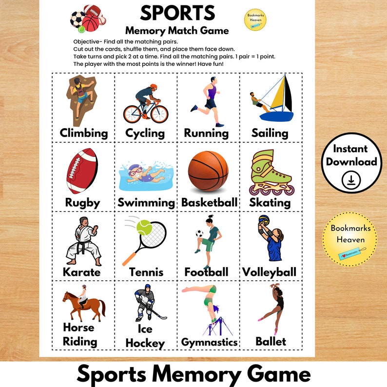 Sports Matching Game Printable Games for Kids Montessori Etsy