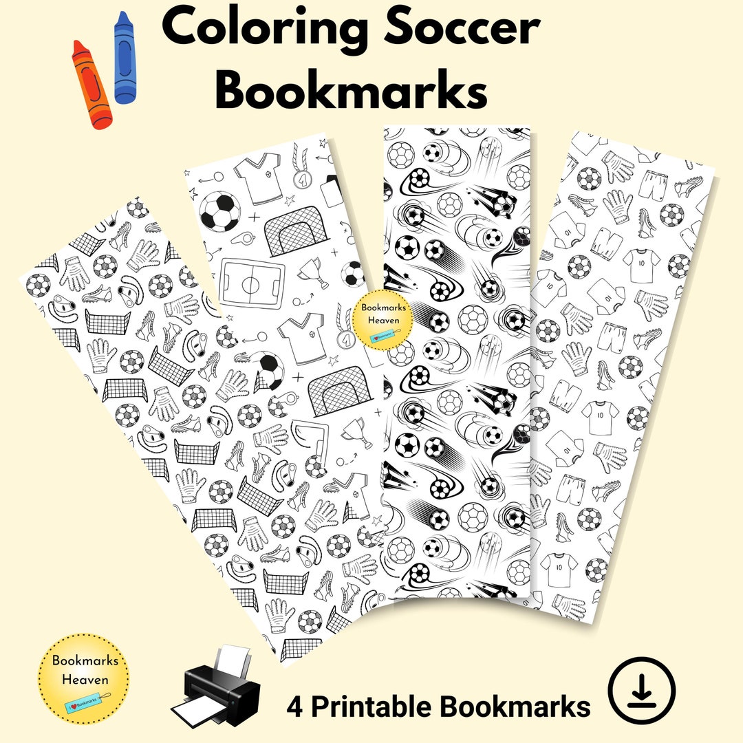 4 Soccer Themed Printable Coloring Bookmarks for Kids, Sports Gifts ...