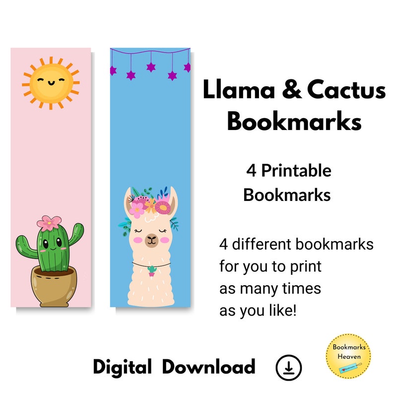 Cactus Bookmark Printable, Cute Llama Bookmarks Digital, Kids Printable ...