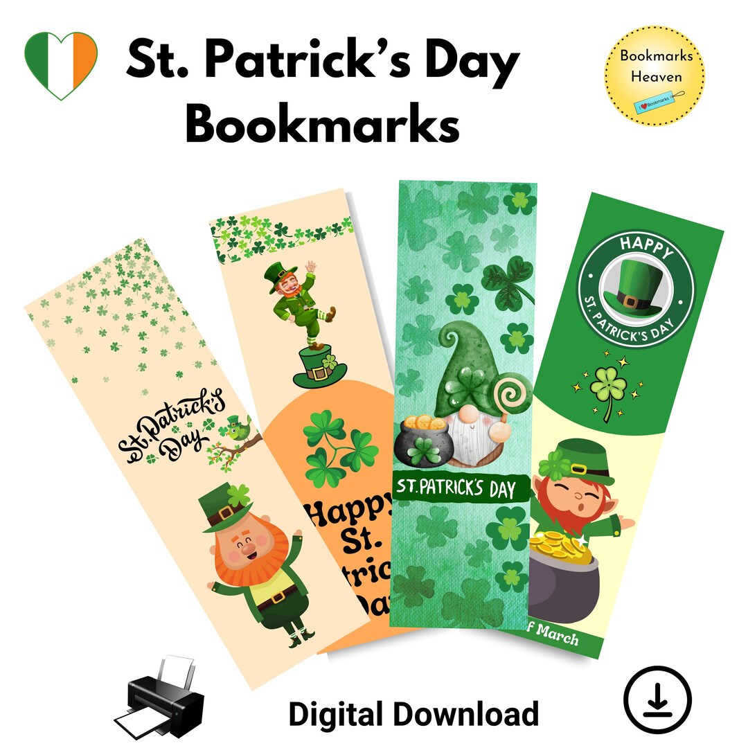 St. Patrick's Day Bookmarks Printable, Shamrock Bookmarks Digital ...