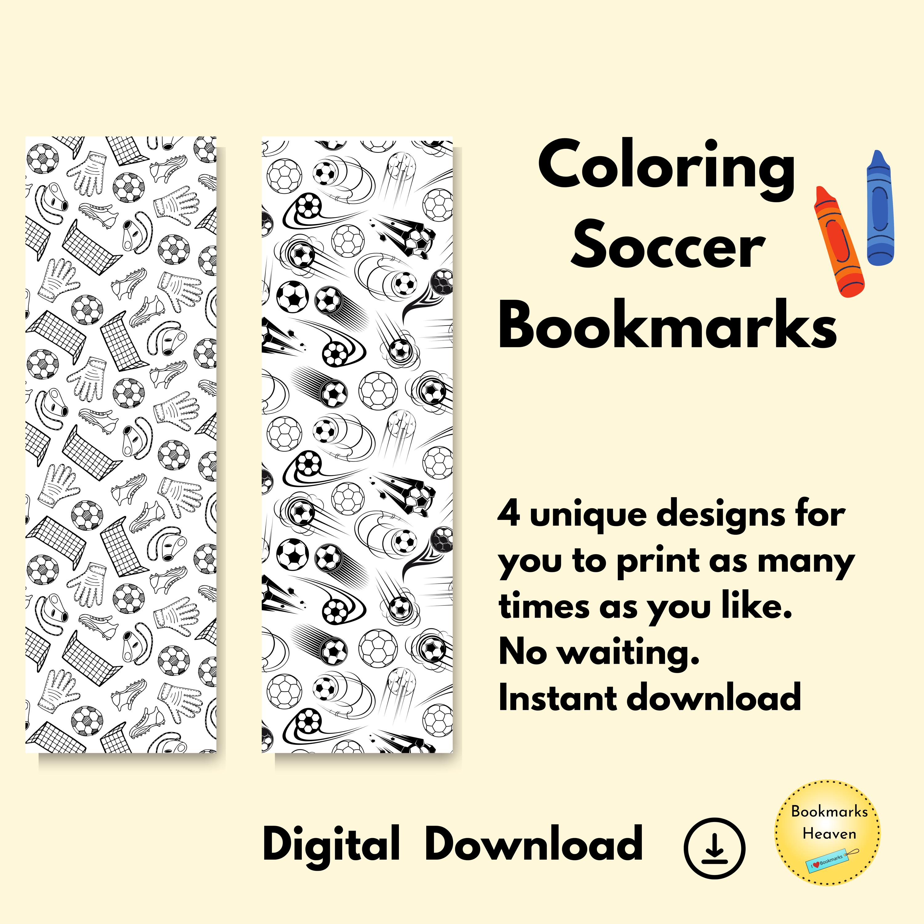 4 Soccer Themed Printable Coloring Bookmarks for Kids, Sports Gifts ...