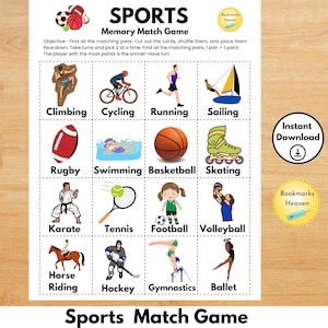 Jeu de mémoire de sport, jeu imprimable pour tout-petits, jeu de sport pour enfants, jeu de sport pour enfants, jeux de sport pour tout-petits, jeu d'association de mémoire de sport
