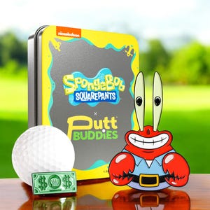 May include: A yellow and gray tin box with the Nickelodeon logo and the text "SpongeBob SquarePants x Putt Buddies". A red and blue enamel pin of Mr. Krabs from SpongeBob SquarePants. A white golf ball and a green pin with a dollar sign and a seashell.