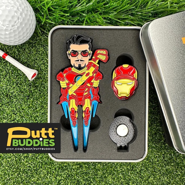 PuttBuddies™ - 9-Iron Man Golf Divot Tool w/ attachable helmet ball marker